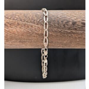 Vintage 925 Sterling Silver Textured Oval Chain Link Charm Bracelet